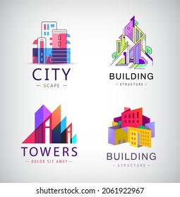 Conjunto vectorial de ciudad colorida abstracta, construcción de signos de composición, iconos, logos aislados. Torres, construcción