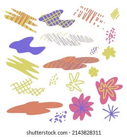 Conjunto vectorial de formas planas coloridas abstractas, flores, rayas, trazos, líneas, puntos, zigzags.