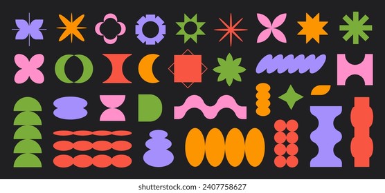 Vector set of abstract colorful geometric shapes. Bright brutal contemporary icons. Various geometric figures. Bauhaus memphis design.
