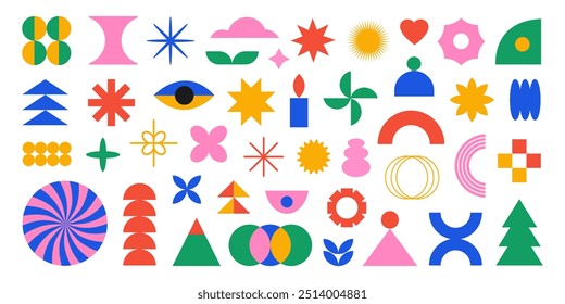 Vector set of abstract colorful geometric shapes. Bright brutal contemporary icons. Various geometric figures.