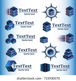 Vector set of abstract colorful geometric logos with box. 3d structure, blocks, building. Modern vector logo pictogram collection concept.