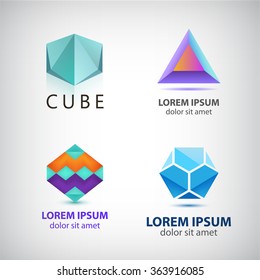 Vector set of abstract colorful logos, icons isolated. Geometric 3d shapes