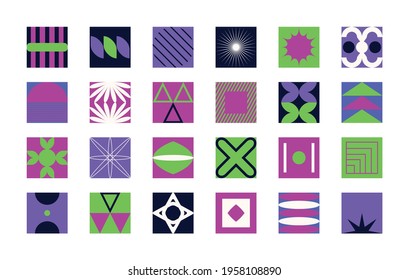Vector set of abstract colorful minimalistic patchwork geometric elements. Contemporary simple various zigzag shapes, curves, lines, triangles, circles. Poster art print template, web design, textile