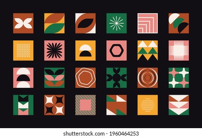 Vector set of abstract colorful minimalistic patchwork geometric elements. Contemporary simple various zigzag shapes, curves, lines, triangles, circles. Poster art print template, web design, textile