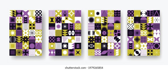 Vector set with abstract colorful minimalistic patchwork geometric elements. Contemporary mosaic with simple various shapes, curves, lines, zigzag. Poster print template, web design, backgrounds