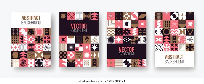 Conjunto vectorial con elementos geométricos abstractos de mosaico minimalista colorido. Mosaico contemporáneo con formas sencillas, curvas, líneas, zigzag. Plantilla de impresión de afiches, diseño web, fondos