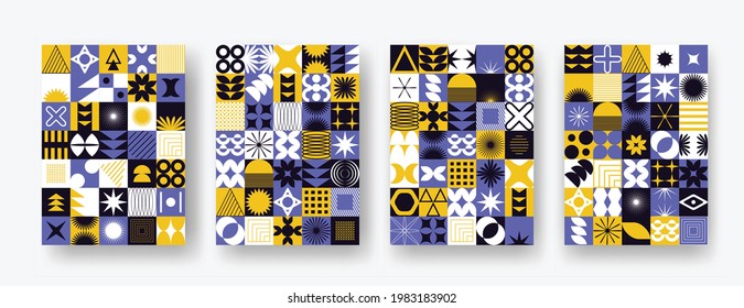 Vector set with abstract colorful minimalistic patchwork geometric elements. Contemporary mosaic with simple various shapes, curves, lines, zigzag. Poster print template, web design, backgrounds