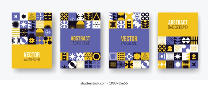 Vektorset mit abstrakten bunten minimalistischen Flickwerk geometrischen Elementen. Zeitgenössisches Mosaik mit einfachen Formen, Kurven, Linien, Zickzack. Poster-Druckvorlage, Webdesign, Hintergrund