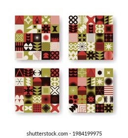 Conjunto vectorial con elementos geométricos abstractos de mosaico minimalista colorido. Mosaico contemporáneo con formas sencillas, curvas, líneas, zigzag. Plantilla de impresión de afiches, diseño web, fondos