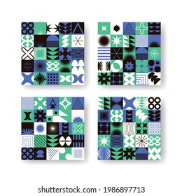 Vector set with abstract colorful minimalistic patchwork geometric elements. Contemporary mosaic with simple various shapes, curves, lines, zigzag. Poster print template, web design, backgrounds