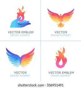 Vector set of abstract concepts, logo design concepts and emblems in bright gradient colors - phoenix birds and fire icons 