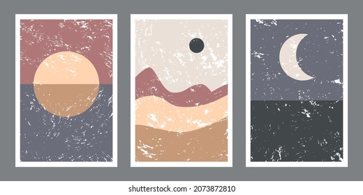 Vector set of abstract contemporary backgrounds, geometric shapes, moon, sun, mountains. Aesthetic boho wall décor concept. The modern minimalist art print, wallpaper, templates.