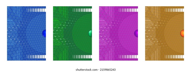 Vector set of abstract covers in four colors with geometric patterns. Vertical mockups with 3d hexagon backgrounds. Corporate style