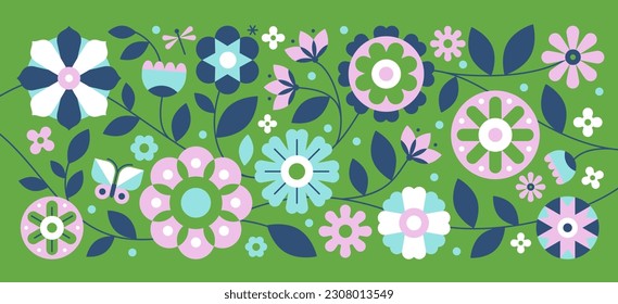 Vektorset auf abstraktem kreativem Hintergrund in minimalem trendigem Stil mit geometrischen Blumen - Design eines horizontalen Banners für Geschichten und Beiträge in sozialen Netzwerken - schlichtes, stilvolles Sommerdesign für Einladungen