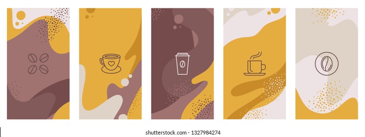 Vector set of abstract creative backgrounds with copy space for text and coffee linear icons - design templates for social medi stories for coffee shop and house - simple, stylish and minimal designs 