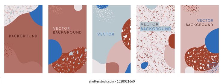 Vector set of abstract creative backgrounds in minimal trendy style with copy space for text - design templates for social media stories, simple, stylish designs for invitations with terrazzo texture