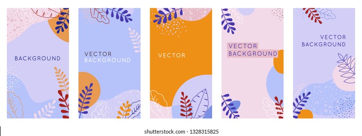 Vector set of abstract creative backgrounds in minimal trendy style with copy space for text - design templates for social media stories - simple, stylish designs with terrazzo textures and leaves