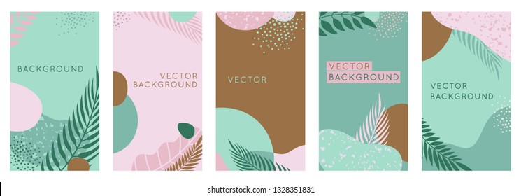 Vector set of abstract creative backgrounds in minimal trendy style with copy space for text - design templates for social media stories. Simple and stylish designs with terrazzo patterns