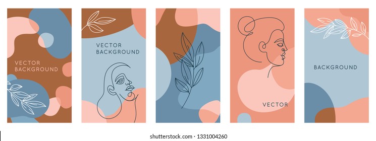 Vector set of abstract creative backgrounds in minimal trendy style with women face portrait in one line with copy space for text - design templates for social media stories - simple and stylish 