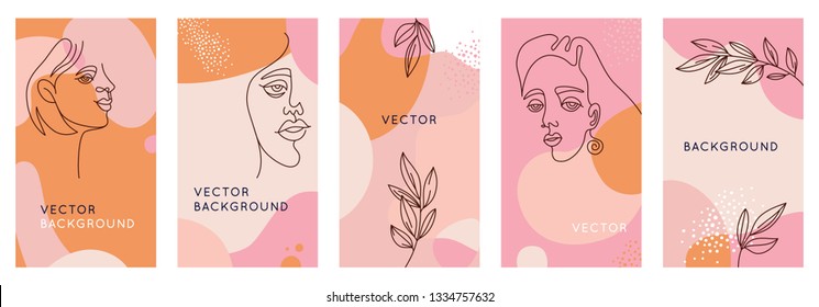 Vector set of abstract creative backgrounds in minimal trendy style with women face portrait in one line with copy space for text - design templates for social media stories 