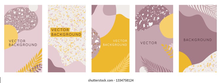 Conjunto de vectores de orígenes creativos abstractos en un estilo de moda minimalista con espacio para copiar texto - plantillas de diseño para historias de medios sociales, diseños simples y elegantes para invitaciones con textura de terrazo