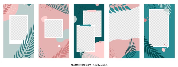 Vector Set Of Abstract Creative Backgrounds In Minimal Trendy Style With Copy Space For Text And Photo Frames - Design Templates For Social Media Stories -  Stylish Backgrounds With Terrazzo Texture