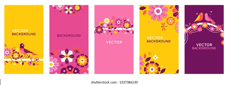 Vector set of abstract creative backgrounds in minimal trendy style with copy space for text and geometric flowers - design templates for social media stories and posts - simple, stylish designs 