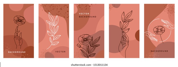 Vector set of abstract creative backgrounds in minimal trendy style with hands and leaves in line style with copy space for text - design templates for social media stories and bloggers - simple, styl