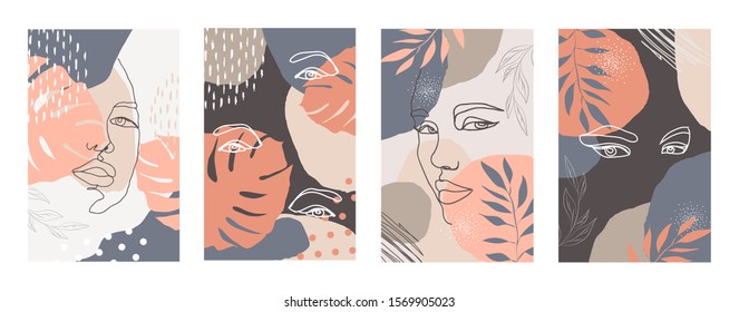 Vector set of abstract creative backgrounds in minimal trendy style with women face portrait in one line with copy space for text - design templates for social media stories