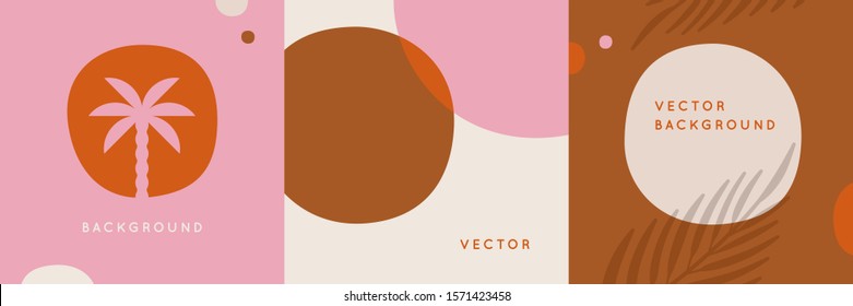 Vector set of abstract creative backgrounds in minimal trendy style with copy space for text and palm leaves - design templates for social media posts and stories - simple, stylish and minimal wallpap