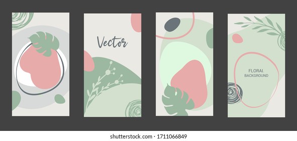 Vector set of abstract creative backgrounds with floral elements. Design templates for social media stories and covers