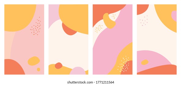 Vector set of abstract creative backgrounds in minimal trendy style with copy space for text. Pink, purple, yellow, red colors. Design templates for social media posts and instagram stories, cards.