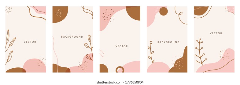 Vector set of abstract creative backgrounds in minimal trendy style with floral illustration with space for text - design templates for social media stories