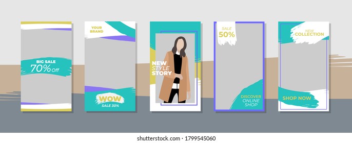 Vector set of abstract creative backgrounds in minimal trendy style with copy space for photo - design templates for social media stories - simple, stylish and minimal designs for invitations, banners