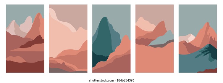 Vector set of abstract creative backgrounds in minimal trendy style with copy space for text  and mountain landscape - design templates for social media stories - simple, stylish and minimal wallpaper