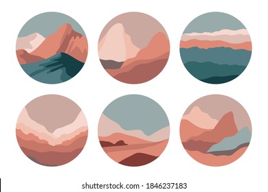Vector set of abstract creative backgrounds in minimal trendy style with copy space for text  and mountain landscape - design templates for social media stories - simple, stylish and minimal wallpaper