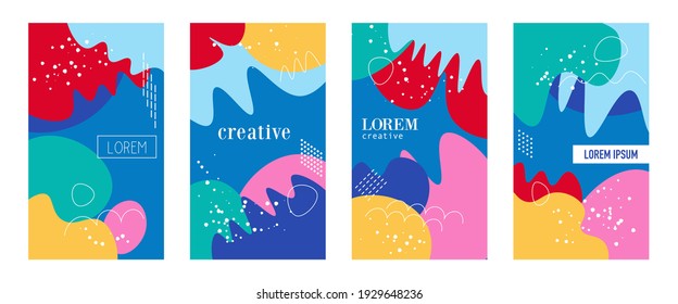 Vector set of abstract creative backgrounds in modern minimal trendy style with sample text - design templates for social media stories, business presentations, flyers, posters, banner, brochure.