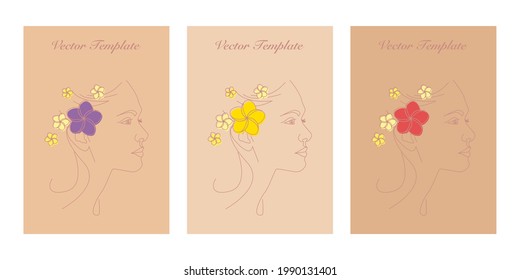 Vector set of abstract creative backgrounds in minimal trendy style with women face portrait with a Plumeria flower and copy space. design templates for social media stories