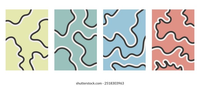 Vector set of abstract creative backgrounds in minimal trendy style with curvy lines. Wavy backdrop collection.