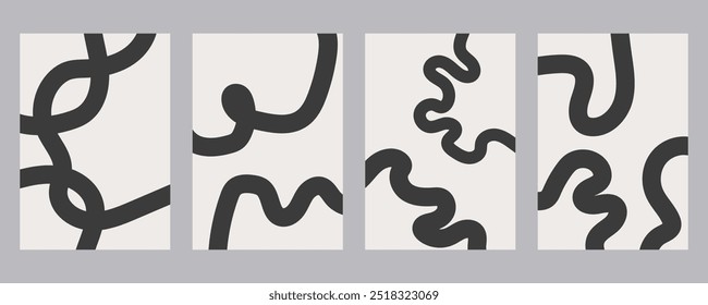 Vector set of abstract creative backgrounds in minimal trendy style with curvy lines. Wavy monochrome backdrop collection. Modern wall art.