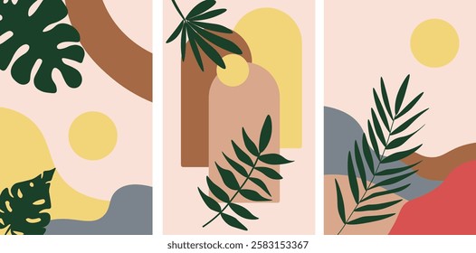 Vector set of abstract creative backgrounds in minimal style with space for text. Design templates for social media stories. Pastel colors with botany images.