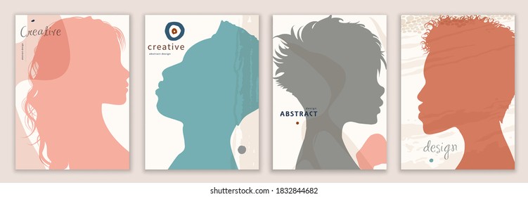 El vector armó portadas creativas abstractas en diseños modernos y plantillas editables para historias en medios sociales. Hombre y mujer de la silueta. Diseño de antecedentes y banners para la promoción de redes sociales