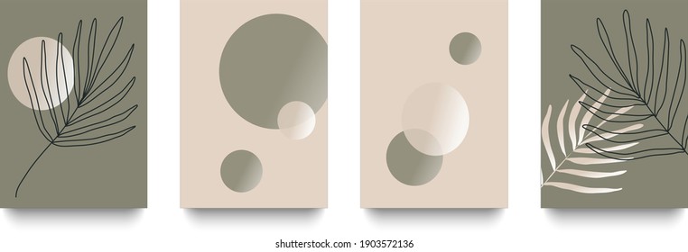 Vector set of abstract creative minimalistic art compositions of circles and branches perfect for wall decoration, postcards and background.