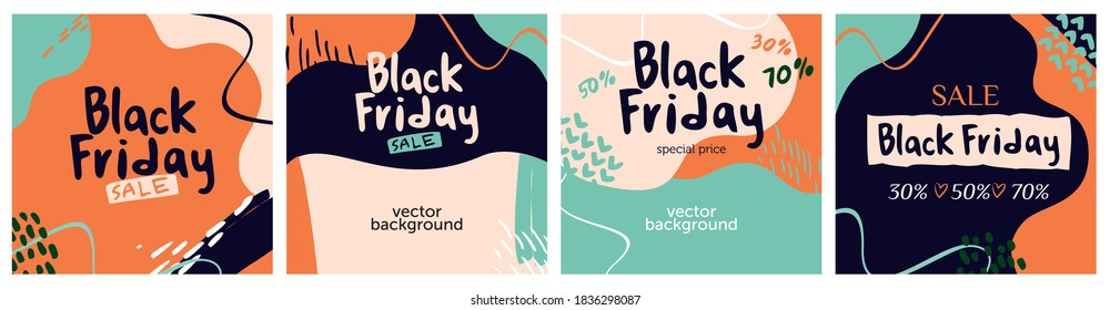 Vector set of abstract creative square backgrounds with black Friday lettering on a colored cut out abstract background. Sale banners for online stores, social media, promo. Discount poster concept.