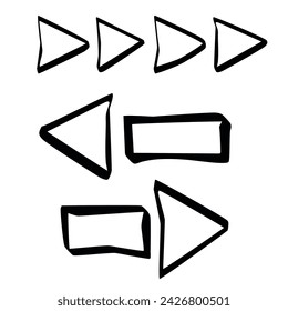 Vector set of abstract curved bold arrows . Hand drawn empty and crooked pointers. Isolated Ink drawn stroke lines elements for design.