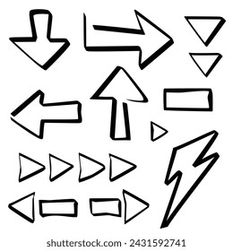 Vector set of abstract curved bold arrows . Hand drawn empty and crooked pointers. Isolated Ink drawn stroke lines elements for design.