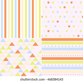 Vector set of abstract cute colorful background with triangle stripes line and dots pattern seamless backdrop wallpaper. Vector image