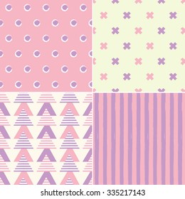 Vector set of abstract cute pink and purple with stripes dot triangle design seamless pattern background wallpaper. Vector image