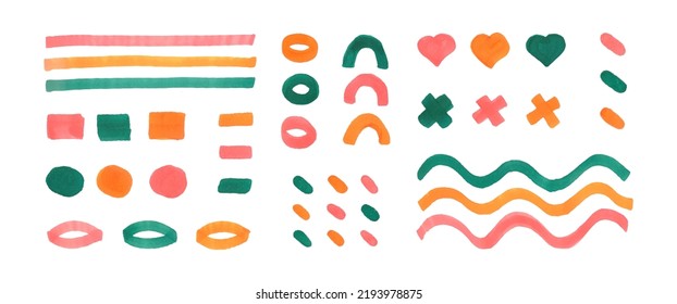 Vector set of abstract design elements drawn with felt pen isolated on white background. Hand drawn colorful stripes, blots, circles, hearts and crosses. Autumn colored.