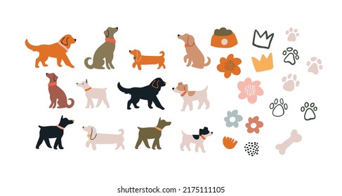 Vector set of abstract dogs characters and doodles on white. Domestic dogs Clipart collection.